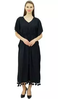 Женское длинное макси-кимоно-кафтан Bimba, ночное платье из вискозы, кафтан с кисточками на шнуровке 10 чёрный
