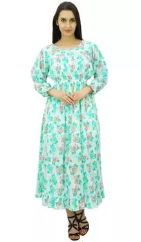 Женское длинное макси-платье Bimba из хлопка с присборенной талией и принтом в стиле бохо-шик 10 зелёный