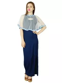 Женское длинное макси-платье Bimba с боковыми разрезами и сетчатым пончо, официальное платье 10 синий