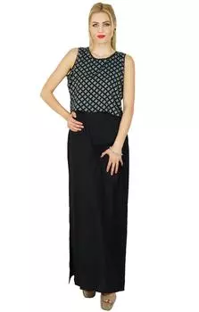 Женское длинное макси-платье Bimba с черным разрезом и укороченным топом-пончо с принтом 10 чёрный