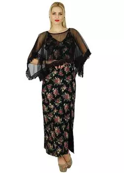 Женское длинное макси-платье Bimba с цветочным принтом и разрезом сбоку с шикарным пончо 14 чёрный