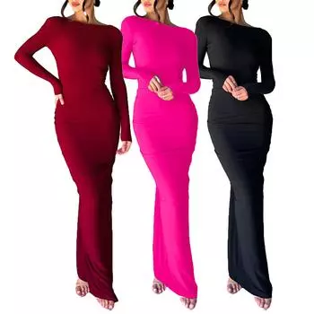 Женское длинное облегающее платье, однотонное, с глубоким V-образным вырезом, длинными рукавами, с оборками, весенне-осеннее вечернее платье S чёрный