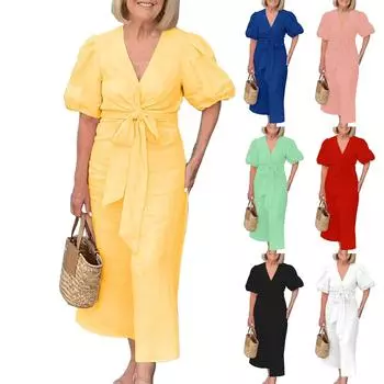 Женское длинное однотонное хлопковое платье с V-образным вырезом и рукавами-пузырьками, модное платье S синий