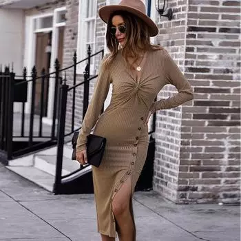 Женское длинное однотонное трикотажное платье, повседневное с v-образным вырезом и длинным рукавом, с высокой талией и пуговицами, сексуальное платье с разрезом цвета хаки, S-XL S хаки