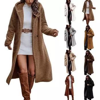 Женское длинное осенне-зимнее однотонное шерстяное женское пальто с длинными рукавами L бежевый