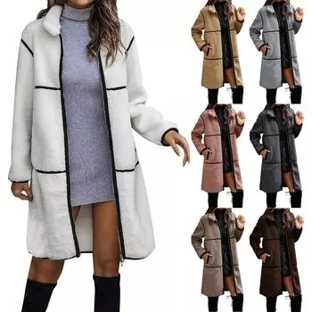 Женское длинное осенне-зимнее однотонное шерстяное женское пальто с длинными рукавами L бежевый