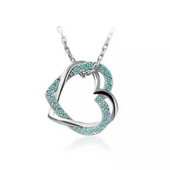 Женское длинное ожерелье с подвеской в виде двойных сердец и стразами синий