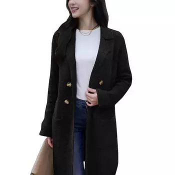 Женское длинное пальто из смесовой шерсти, оверсайз, двубортный тренч с лацканами с разрезом, теплое пальто на осень-зиму S