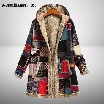 Женское длинное пальто, модное этническое пальто с капюшоном и принтом, пальто средней длины, свободная верхняя одежда, пальто большого размера S зелёный