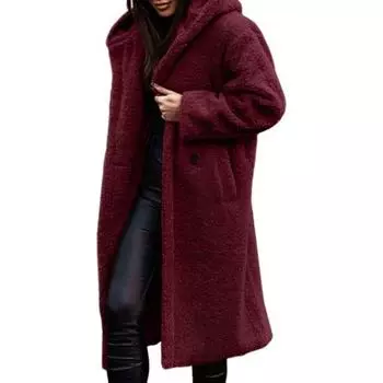 Женское длинное пальто, однотонное, с длинным рукавом, с капюшоном, зимнее, осеннее, на одной пуговице, плюшевое пальто для работы, вечеринки, свидания L вино красного
