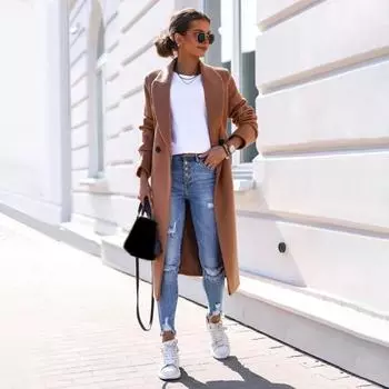 Женское длинное пальто осень-зима с застежкой на одну пуговицу и лацканами свободного кроя XL белый