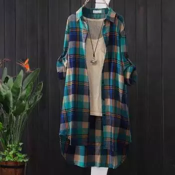 Женское длинное пальто с лацканами, длинными рукавами, пуговицами, планкой, рубашка, пальто с клетчатым принтом, открытое S синий