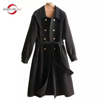 Женское длинное пальто, СОВРЕМЕННОЕ НОВОЕ САГА, осеннее пальто из 100% шерсти, зимняя шерстяная длинная куртка, пальто, парка с поясом, женская парка S чёрный