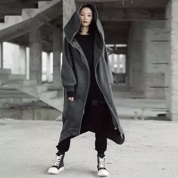 Женское длинное пальто свободного покроя с капюшоном и бархатным свитером, однотонное пальто на осень и зиму S темно-синий