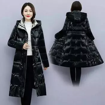 Женское длинное пальто Зимние куртки Теплые хлопковые парки с капюшоном Яркие Не стирать Толстая куртка средней и длинной длины, хлопковая куртка длиной до колена XXXXXL чёрный