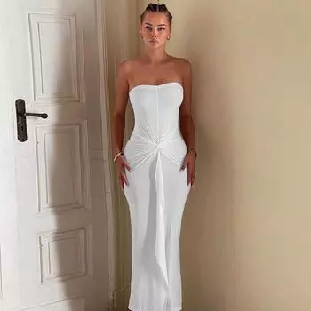 Женское длинное платье без бретелек, зимнее однотонное модное сексуальное облегающее платье в складку S белый