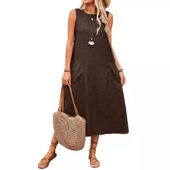 Женское длинное платье без рукавов, повседневное платье макси с круглым вырезом, летнее пляжное платье-халат с карманами XL