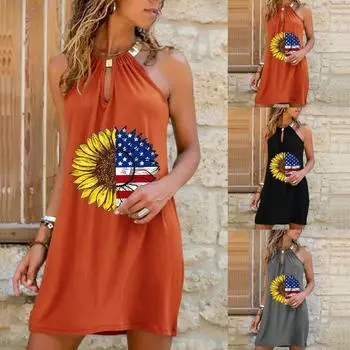 Женское длинное платье без рукавов с принтом на бретельках ко Дню независимости L чёрный