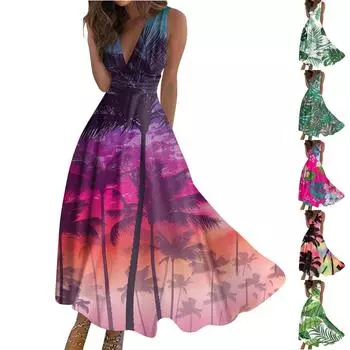 Женское длинное платье без рукавов с v-образным вырезом и цветочным принтом XL