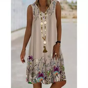 Женское длинное платье без рукавов с V-образным вырезом и цветочным принтом для отдыха и отдыха, юбка-жилет S хаки