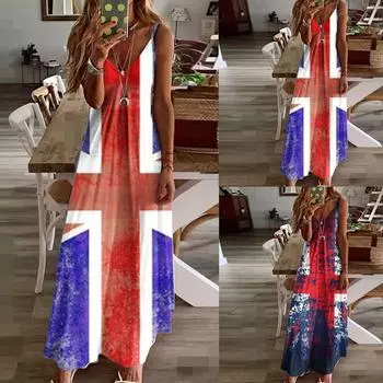 Женское длинное платье без рукавов с принтом на бретельках ко Дню независимости L чёрный