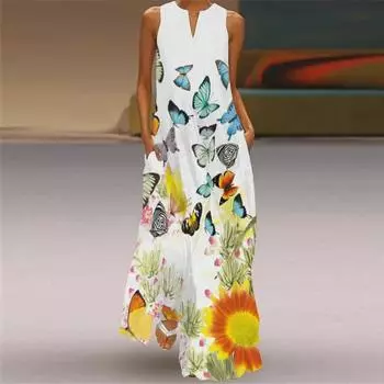 Женское длинное платье без рукавов с V-образным вырезом и цветочным принтом 2024 года XL