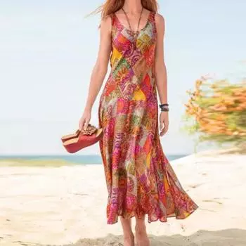 Женское длинное платье без рукавов с принтом для летнего отпуска, пляжные повседневные платья S зелёный