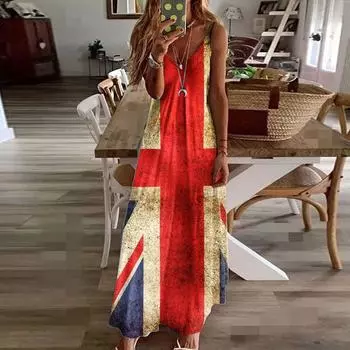 Женское длинное платье без рукавов с принтом на бретельках ко Дню независимости L красный