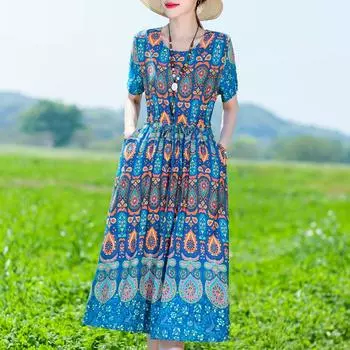 Женское длинное платье больших размеров, летнее платье с коротким рукавом и винтажным принтом для женщин XL