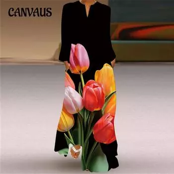 Женское длинное платье больших размеров на весну и лето, свободное платье с v-образным вырезом и длинными рукавами, карманами и принтом