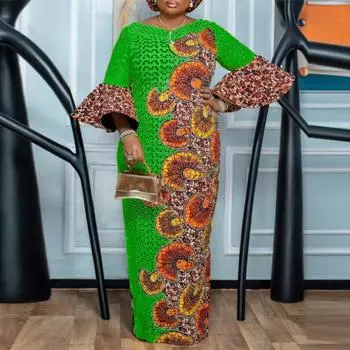 Женское длинное платье больших размеров с круглым вырезом и длинным рукавом с цветочным принтом M зелёный