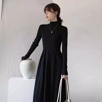 Женское длинное платье французской вязки - осень/зима, элегантный королевский стиль, идеальное сочетание с пальто One Size чёрный