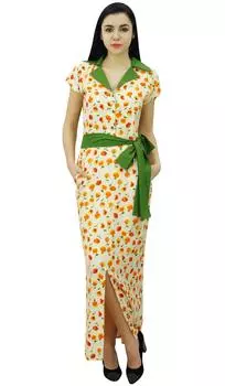 Женское длинное платье-халат Bimba с принтом и воротником, повседневное макси в полный рост 10 покинуть белый