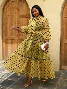 Женское длинное платье из тюля с принтом в горошек, прозрачная сетка, свободные макси-воротники с бантом, пояс с рюшами, сексуальные элегантные африканские платья S жёлтый