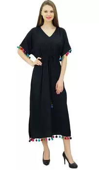 Женское длинное платье-кафтан из вискозы с помпонами Bimba, дизайнерское шикарное макси-кафтан 10 чёрный