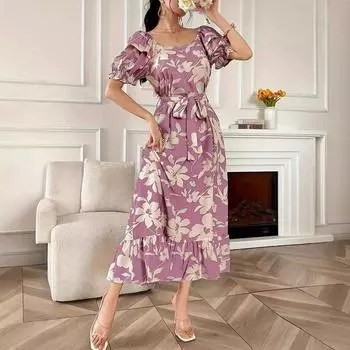 Женское длинное платье, летнее, элегантное, повседневное, с коротким рукавом-фонариком, круглым вырезом, зауженной талией, на шнуровке, с принтом, макси-платья для леди XL фиолетовый