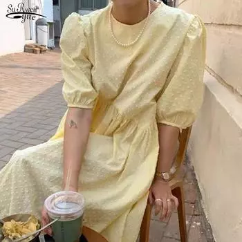 Женское длинное платье, летнее повседневное платье с круглым вырезом и пышными рукавами, элегантное женское платье в горошек, женское свободное платье, Vestidos Femme S жёлтый