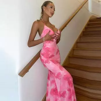 Женское длинное платье, летнее, повседневное, с принтом, облегающее, с вырезом-хвостом, платье-рыбий хвост S розовый