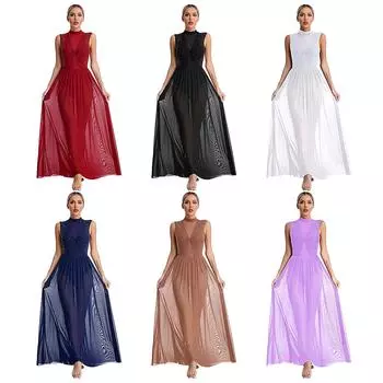 Женское длинное платье лирического современного танца без рукавов с открытой спиной и прозрачным сетчатым накладным купальником, хвала, литургическая танцевальная одежда S бордовый