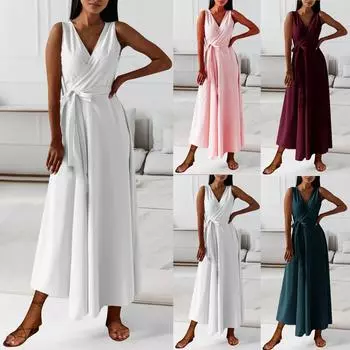 Женское длинное платье макси без рукавов с v-образным вырезом и эластичной резинкой на талии, плиссированные качели, элегантное платье для вечеринки, свадьбы, гостя XXL винный