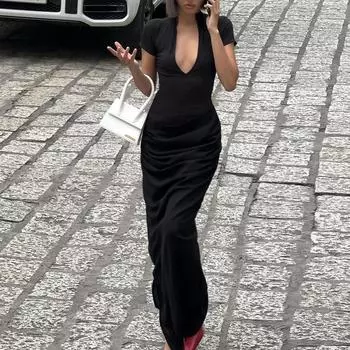 Женское длинное платье макси без рукавов с v-образным вырезом и эластичной резинкой на талии, плиссированные качели, элегантное платье для вечеринки, свадьбы, гостя L бежевый