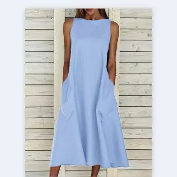 Женское длинное платье макси, летнее женское платье без рукавов с круглым вырезом, повседневные длинные платья, однотонное платье из полиэстера L синий