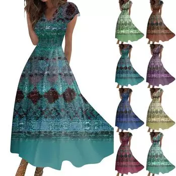 Женское длинное платье Макси-платье Повседневное платье Летнее повседневное платье с короткими рукавами и v-образным вырезом в стиле бохо с талией и принтом L синий