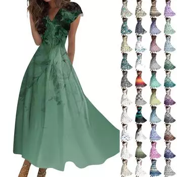 Женское длинное платье Макси-платье Повседневное платье Летнее повседневное платье с короткими рукавами и v-образным вырезом в стиле бохо с талией и принтом L чёрный