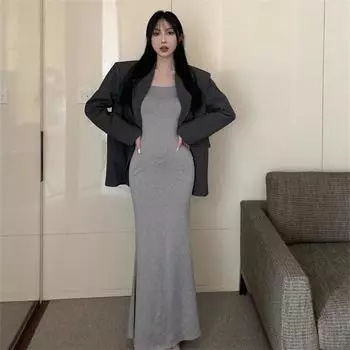 Женское длинное платье макси, повседневное, с длинным рукавом, с глубоким вырезом, с воротником-русалкой, сексуальное платье Vestidos One Size чёрный