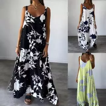 Женское длинное платье макси с цветочным принтом в стиле бохо, летние каникулы, пляжный повседневный мешковатый сарафан S чёрный