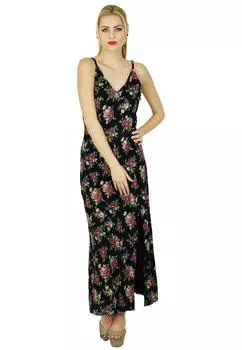 Женское длинное платье макси с цветочным принтом и разрезом сбоку Bimba, летняя одежда спагетти 10 чёрный
