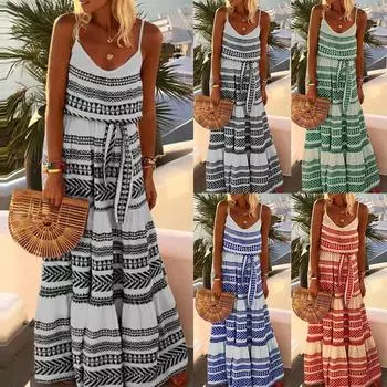 Женское длинное платье макси в стиле бохо с ремешками, женский летний отпуск, пляжный сарафан-качели