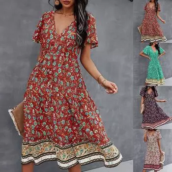 Женское длинное платье макси в стиле бохо с цветочным принтом и V-образным вырезом, женский сарафан для летних праздников и вечеринок