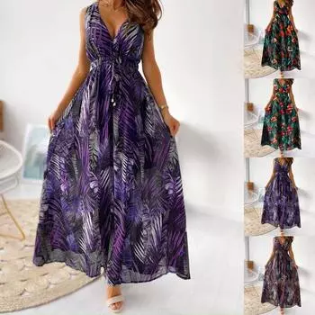 Женское длинное платье макси в стиле бохо с цветочным принтом и V-образным вырезом, летний праздничный пляжный сарафан